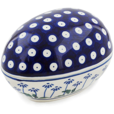 Polish Pottery Egg Shaped Jar 5&quot; Blue Daisy Peacock