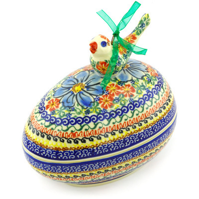 Polish Pottery Egg Shaped Jar 7&quot; Festive Forget-me-not UNIKAT