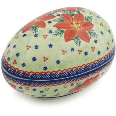 Polish Pottery Egg Shaped Jar 7&quot; Poinsettia UNIKAT
