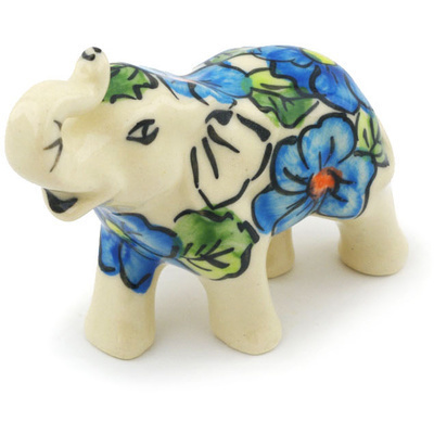 Polish Pottery Elephant Figurine 3&quot; Bold Blue Poppies UNIKAT