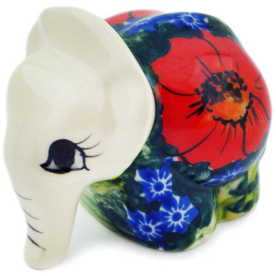 Polish Pottery Elephant Figurine 3&quot; Red Roses Bouquet UNIKAT