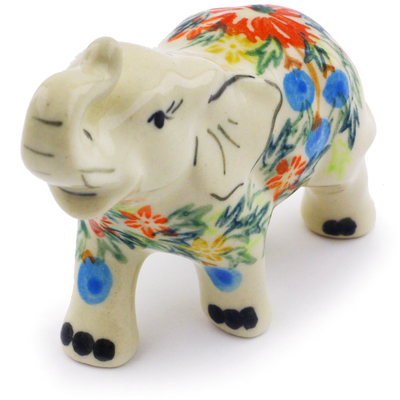 Polish Pottery Elephant Figurine 3&quot; Ring Of Flowers UNIKAT
