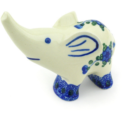 Polish Pottery Elephant Figurine 4&quot; Blue Poppies