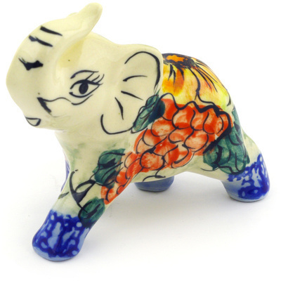 Polish Pottery Elephant Figurine 4&quot; Colorful Bouquet UNIKAT