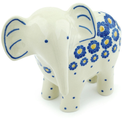 Polish Pottery Elephant Figurine 6&quot; Blue Zinnia