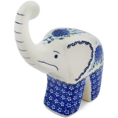 Polish Pottery Elephant Figurine 8&quot; Cobalt Hydrangea UNIKAT