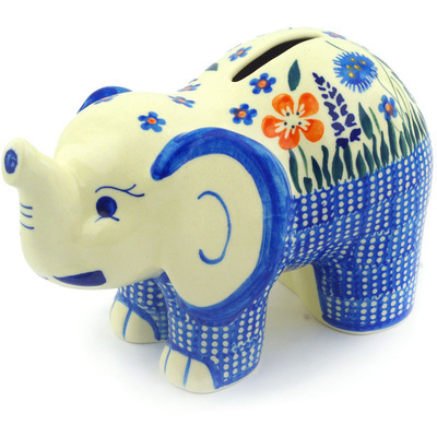 Polish Pottery Elephant Shaped Piggy Bank 7&quot;