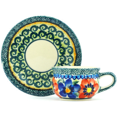 Polish Pottery Espresso Cup with Saucer 2 oz Blue And Red Poppies UNIKAT