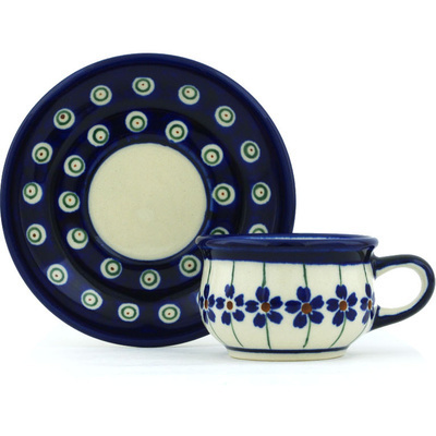 Polish Pottery Espresso Cup with Saucer 2 oz Flowering Peacock