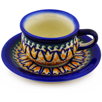 Polish Pottery Espresso Cup with Saucer 2 oz Golden Tulip UNIKAT