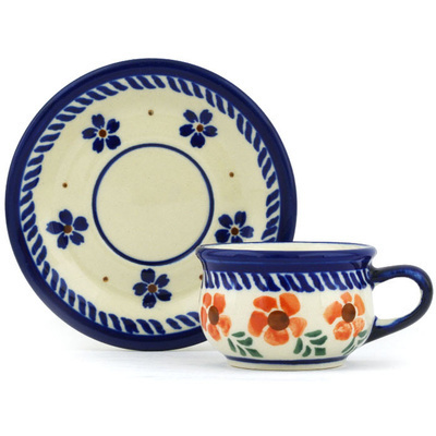 Polish Pottery Espresso Cup with Saucer 2 oz Peachy Keen