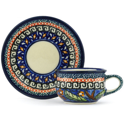 Polish Pottery Espresso Cup with Saucer 2 oz Poppies UNIKAT