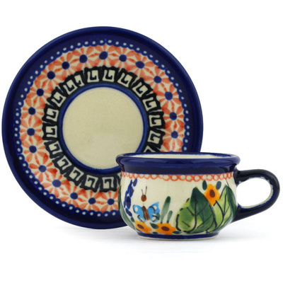 Polish Pottery Espresso Cup with Saucer 2 oz Spring Splendor UNIKAT