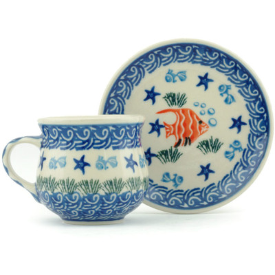 Polish Pottery Espresso Cup with Saucer 3 oz Angel Fish