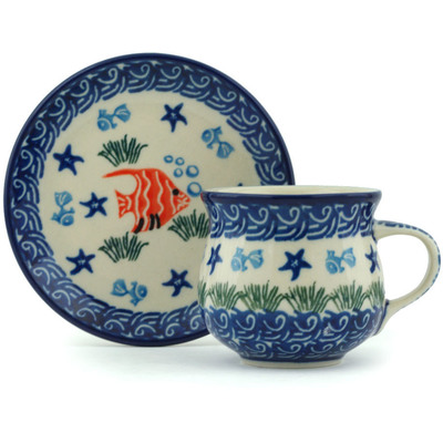 Polish Pottery Espresso Cup with Saucer 3 oz Angel Fish