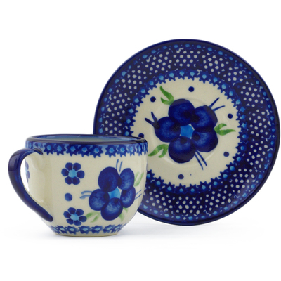 Polish Pottery Espresso Cup with Saucer 3 oz Bleu-belle Fleur
