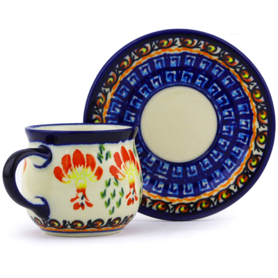 Polish Pottery Espresso Cup with Saucer 3 oz Blooming Red