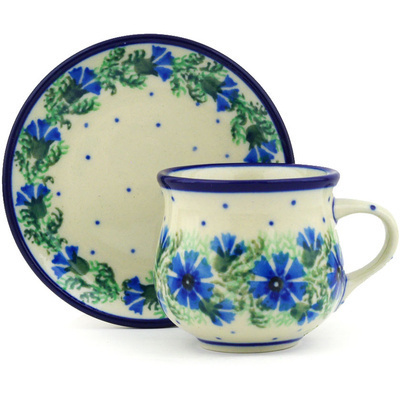 Polish Pottery Espresso Cup with Saucer 3 oz Blue Bell Wreath