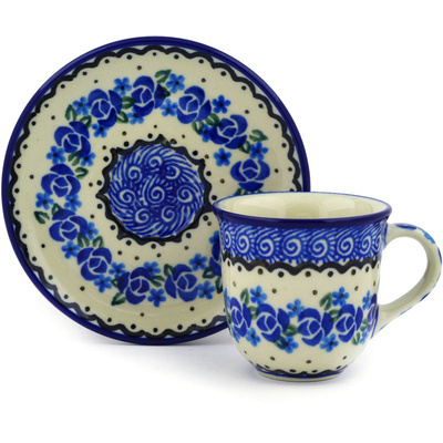 Polish Pottery Espresso Cup with Saucer 3 oz Blue Bud Sea