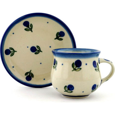 Polish Pottery Espresso Cup with Saucer 3 oz Blue Buds