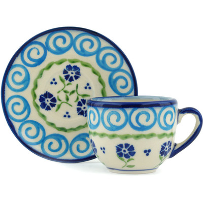 Polish Pottery Espresso Cup with Saucer 3 oz Blue Bursts