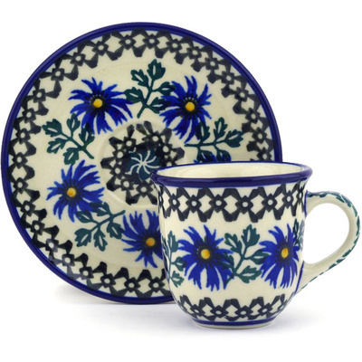 Polish Pottery Espresso Cup with Saucer 3 oz Blue Chicory