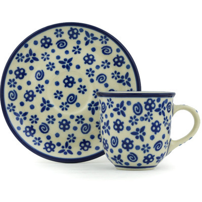 Polish Pottery Espresso Cup with Saucer 3 oz Blue Confetti