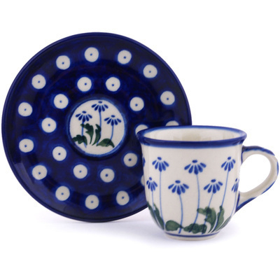 Polish Pottery Espresso Cup with Saucer 3 oz Blue Daisy Peacock