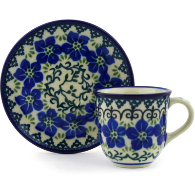 Polish Pottery Espresso Cup with Saucer 3 oz Blue Dogwood