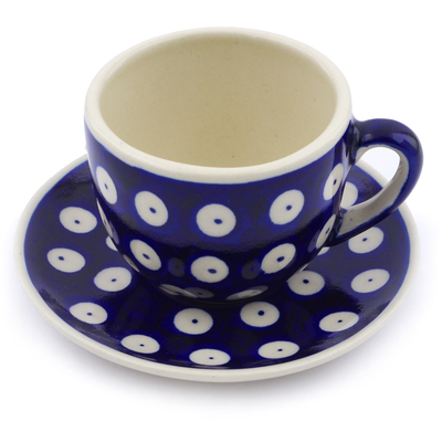 Polish Pottery Espresso Cup with Saucer 3 oz Blue Eyed Peacock