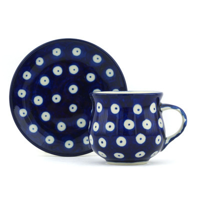 Polish Pottery Espresso Cup with Saucer 3 oz Blue Eyes