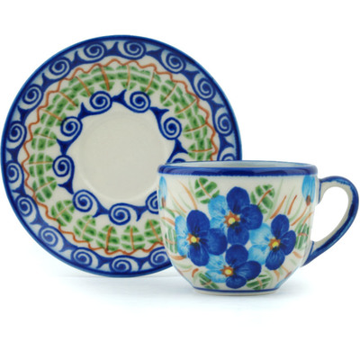 Polish Pottery Espresso Cup with Saucer 3 oz Blue Pansy
