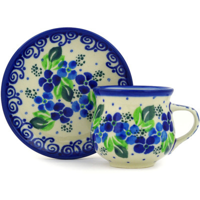 Polish Pottery Espresso Cup with Saucer 3 oz Blue Phlox