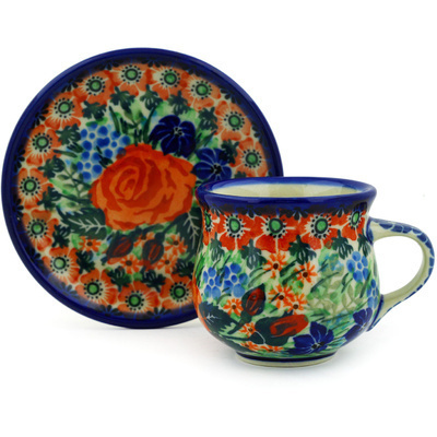 Polish Pottery Espresso Cup with Saucer 3 oz Blue Ribbon Roses UNIKAT