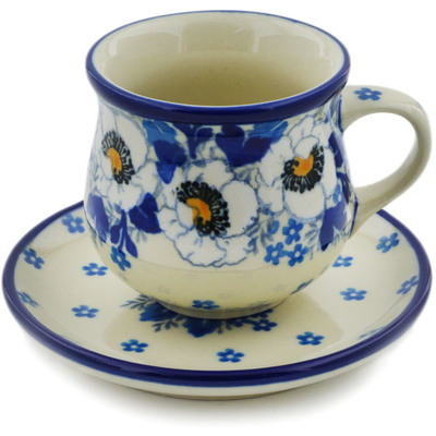 Polish Pottery Espresso Cup with Saucer 3 oz Blue Spring