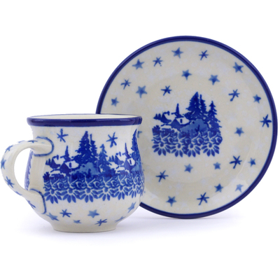 Polish Pottery Espresso Cup with Saucer 3 oz Blue Winter