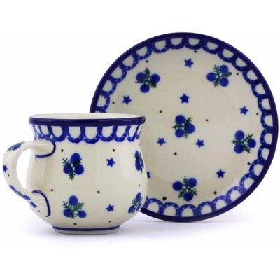 Polish Pottery Espresso Cup with Saucer 3 oz Blueberry Stars