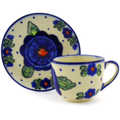 Polish Pottery Espresso Cup with Saucer 3 oz Bold Blue Pansy