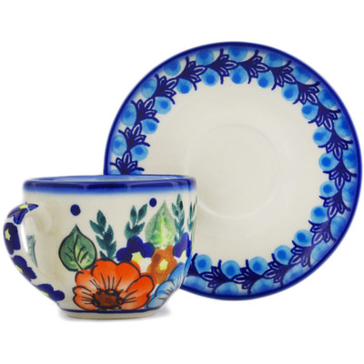 Polish Pottery Espresso Cup with Saucer 3 oz Bold Poppies UNIKAT
