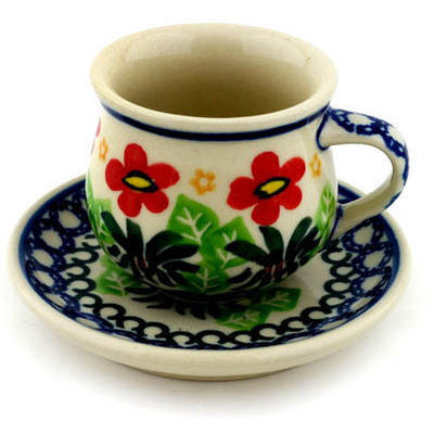 Polish Pottery Espresso Cup with Saucer 3 oz Buenos Dias