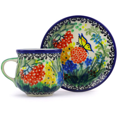 Polish Pottery Espresso Cup with Saucer 3 oz Butterfly Garden UNIKAT