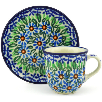 Polish Pottery Espresso Cup with Saucer 3 oz Cactus UNIKAT