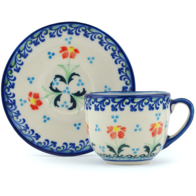 Polish Pottery Espresso Cup with Saucer 3 oz Circle Of Hearts