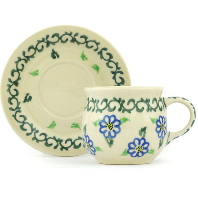 Polish Pottery Espresso Cup with Saucer 3 oz Classic Daisy