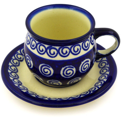 Polish Pottery Espresso Cup with Saucer 3 oz Cobalt Swirl