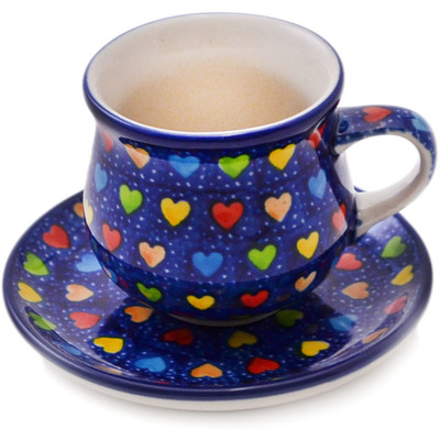Polish Pottery Espresso Cup with Saucer 3 oz Colourful Dot Show UNIKAT