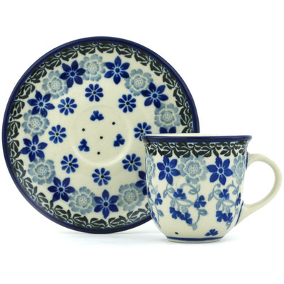 Polish Pottery Espresso Cup with Saucer 3 oz Daisy Blues