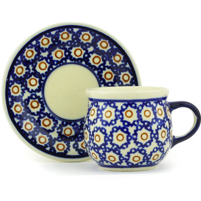 Polish Pottery Espresso Cup with Saucer 3 oz Daisy Stamps