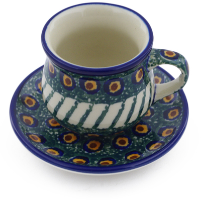 Polish Pottery Espresso Cup with Saucer 3 oz Emerald Peacock