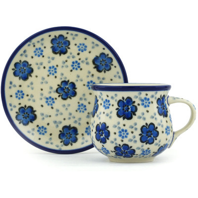 Polish Pottery Espresso Cup with Saucer 3 oz Flowing Blues